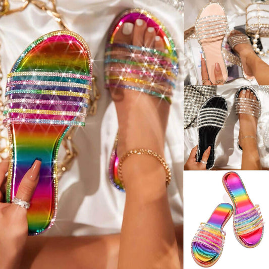 Women's Casual Summer Sandals - Flat Slip-On Open Toe Rhinestone Beach Flip Flops
